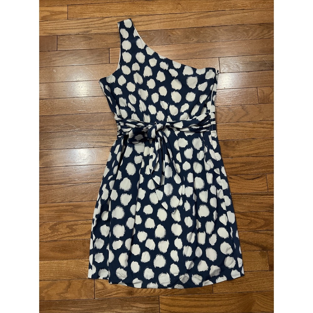 Theory Womens Size 8 Silk Blend One Shoulder Blue Ivory Polka Dot Dress